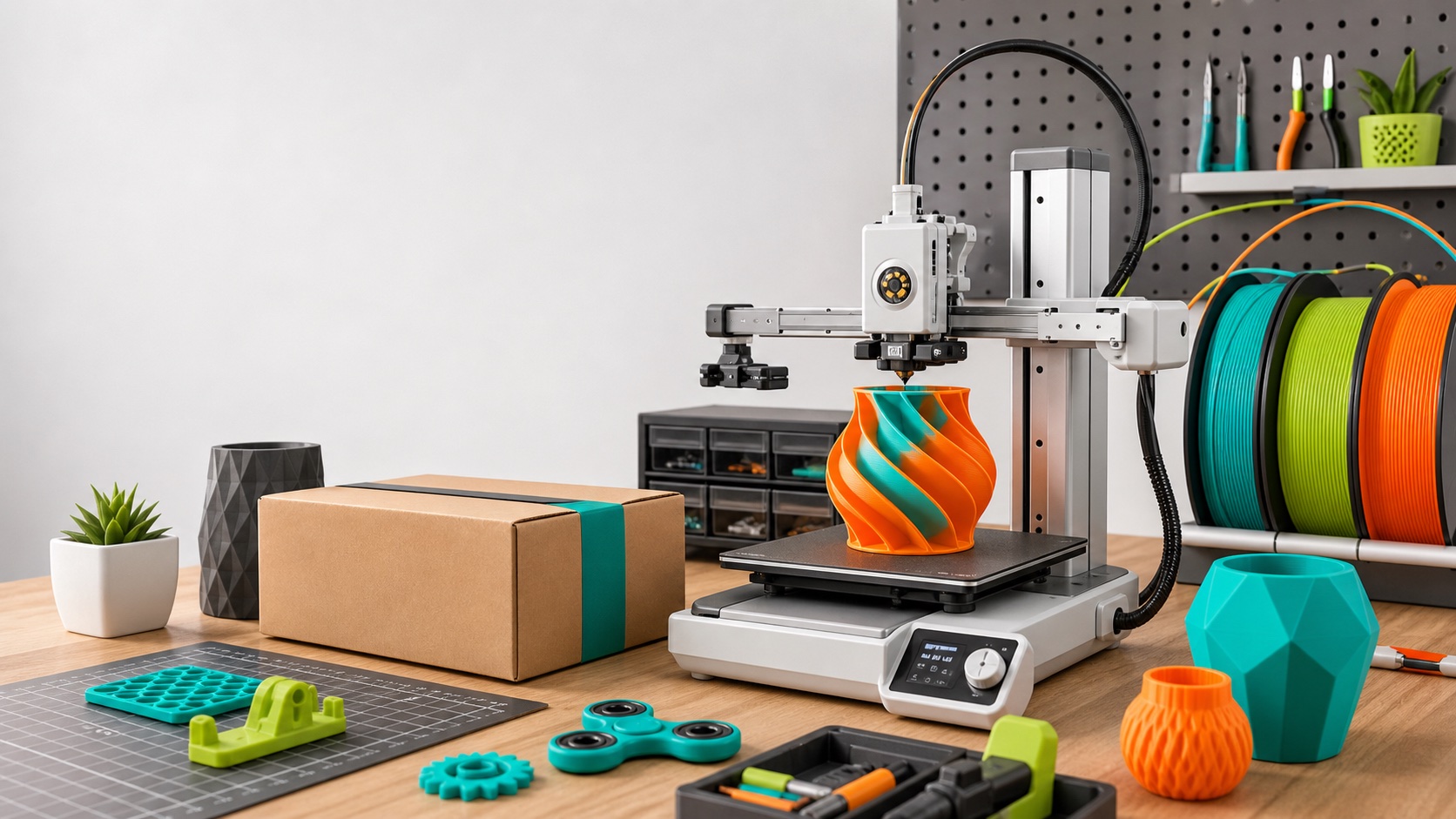 A compact desktop 3D printer producing bright parts beside a packed courier parcel